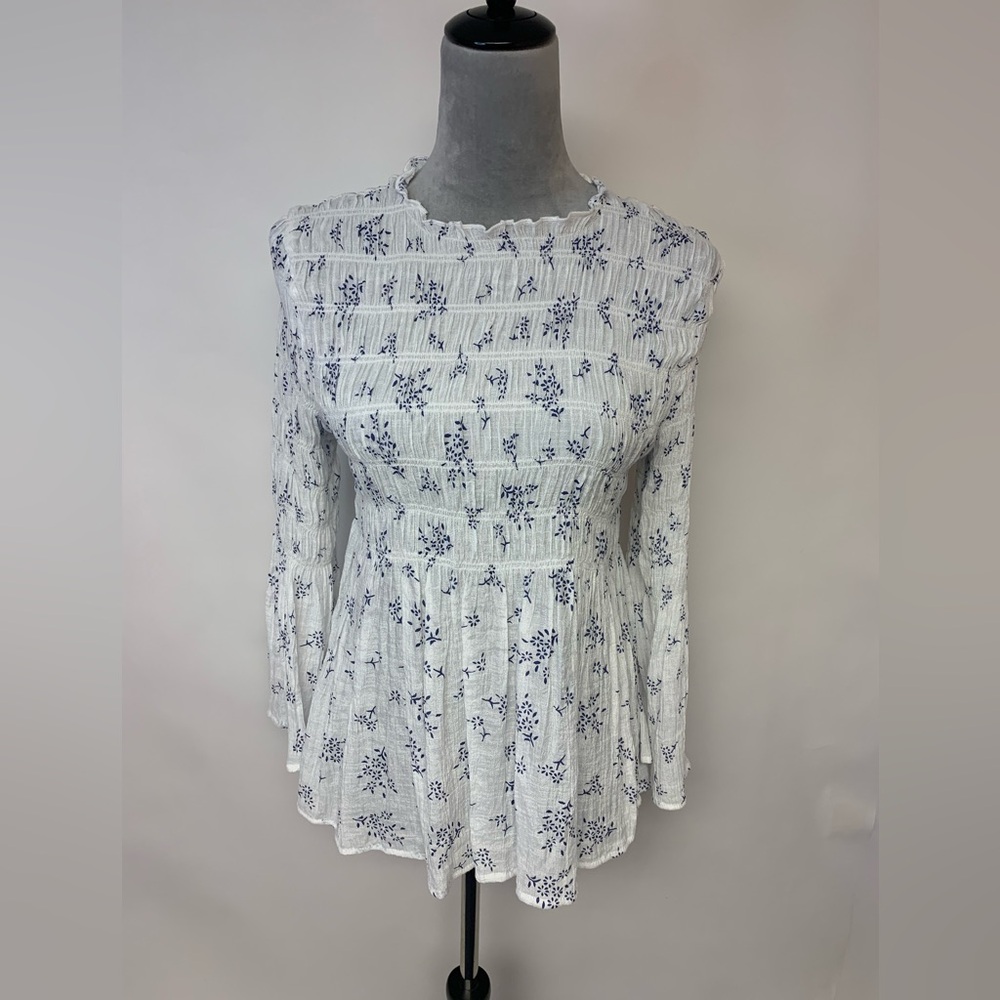 ADIVA Blouse Floral Fairy Whimsical Smocked Bodice Long Bell Sleeves Womens SZ M